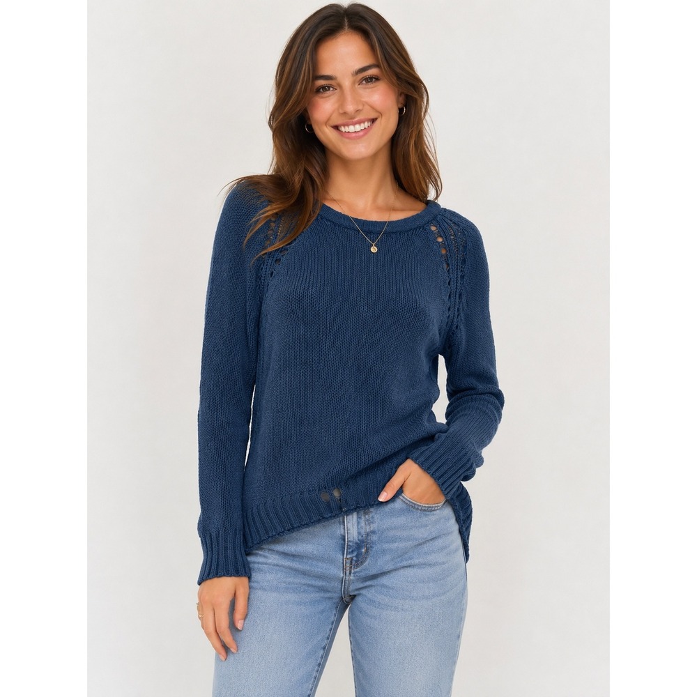 Rag‎ & Bone Jean Blue Cotton Pointelle Knit Crewneck Sweater Small